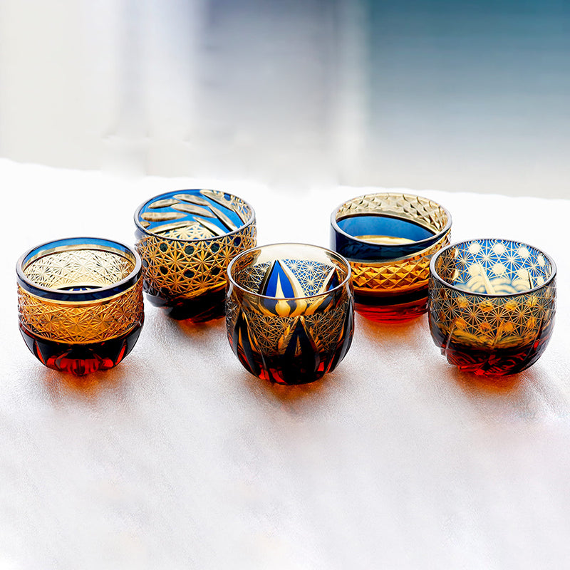Edo Kiriko Handcrafted Blue-Amber Crystal Sake Glass