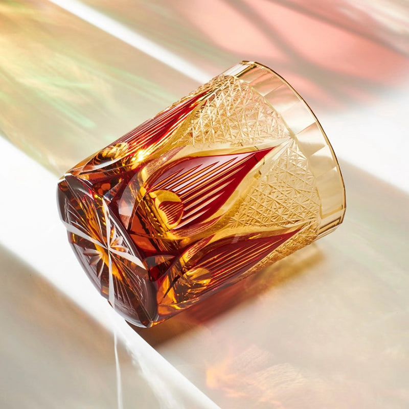 Edo Kiriko Handcrafted Amber Candlelight Whisky Glass
