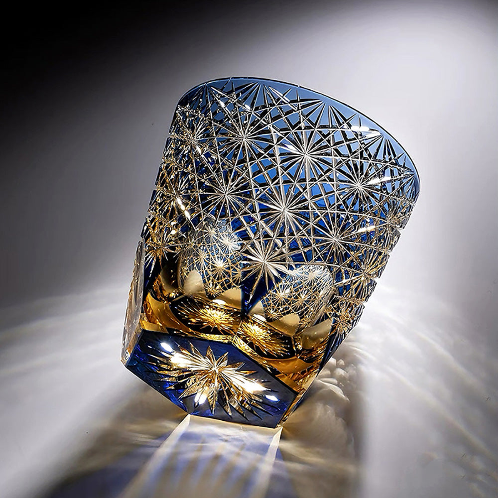 Edo Kiriko Handcrafted Blue Wave Daisy Whisky Glass