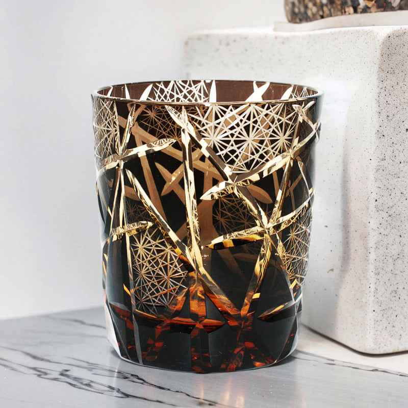 Edo Kiriko Handcrafted Amber Black Lightning Whisky Glass