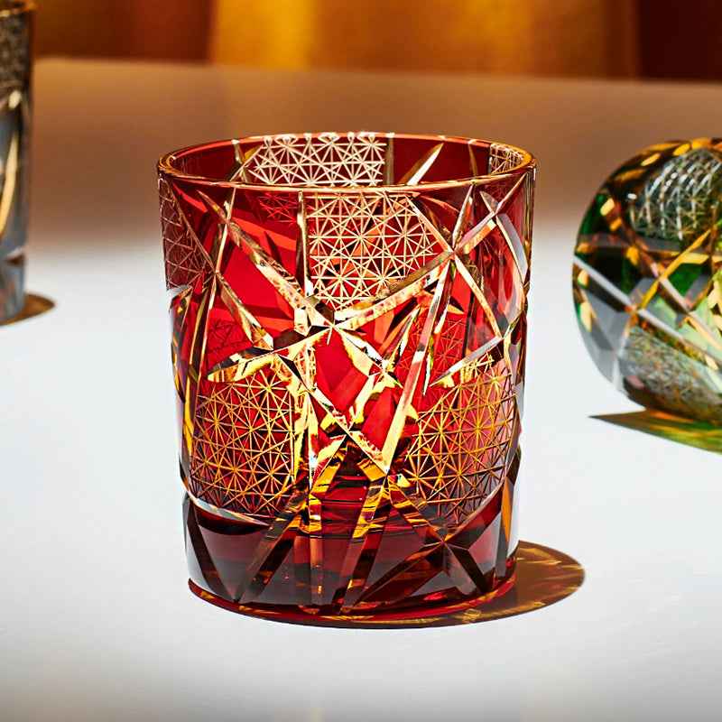 Edo Kiriko Handcrafted Amber Black Lightning Whisky Glass