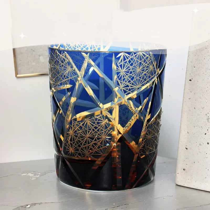 Edo Kiriko Handcrafted Amber Black Lightning Whisky Glass