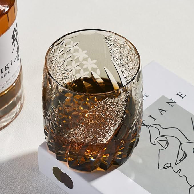 Edo Kiriko Handcrafted Amber Whisky Glass