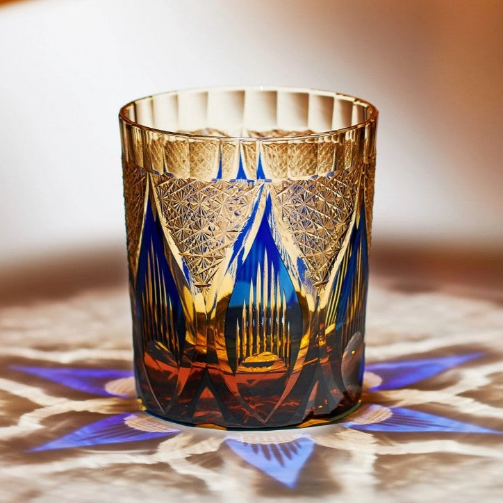 Edo Kiriko Handcrafted Amber Candlelight Whisky Glass