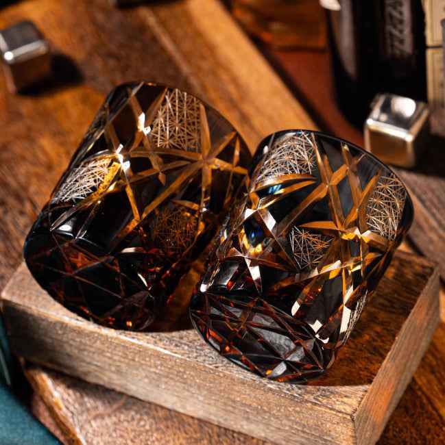 Edo Kiriko Handcrafted Amber Black Lightning Whisky Glass