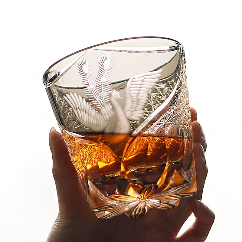 Edo Kiriko Handcrafted Peacock Pattern Whisky Glass Gray Phoenix
