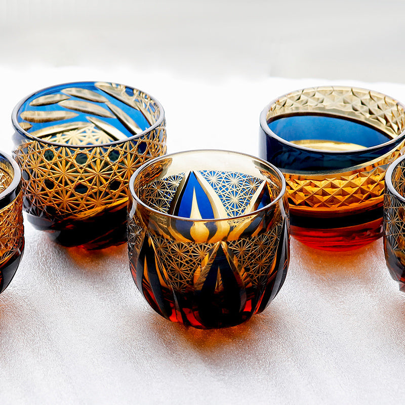 Edo Kiriko Handcrafted Blue-Amber Crystal Sake Glass