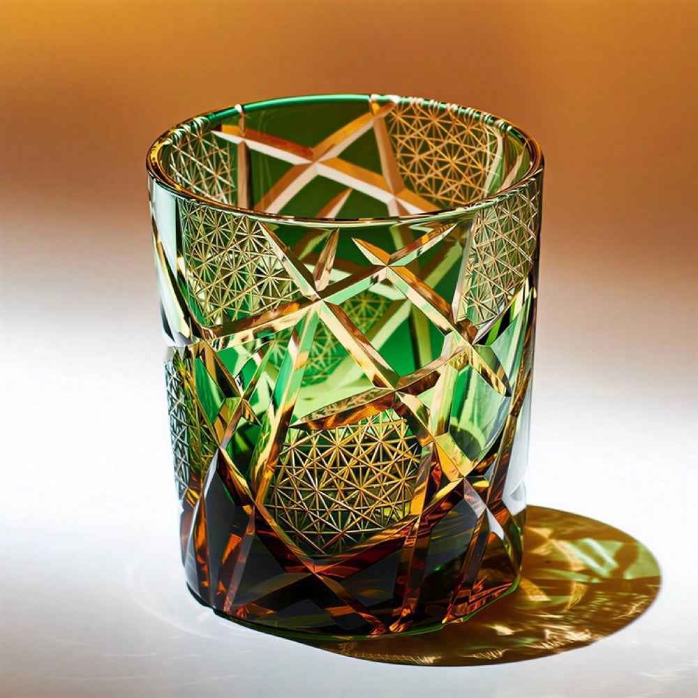 Edo Kiriko Handcrafted Amber Black Lightning Whisky Glass