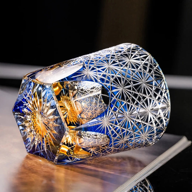 Edo Kiriko Handcrafted Blue Wave Daisy Whisky Glass