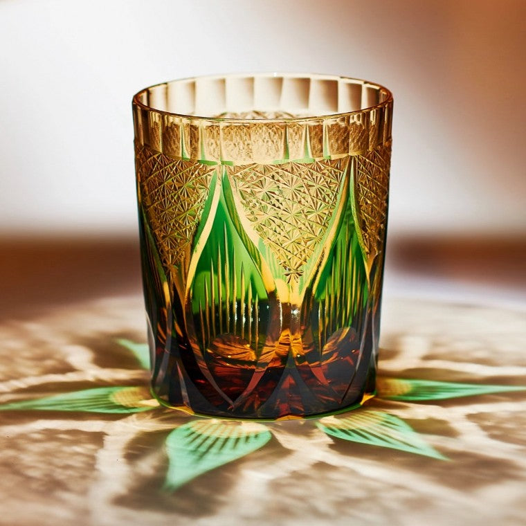 Edo Kiriko Handcrafted Amber Candlelight Whisky Glass