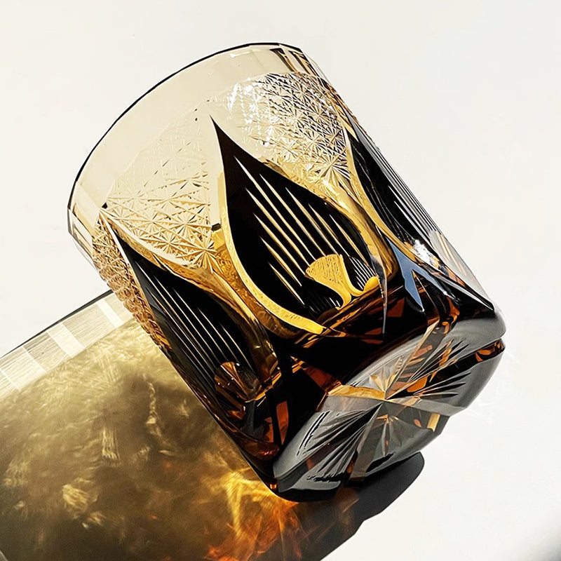Edo Kiriko Handcrafted Amber Candlelight Whisky Glass