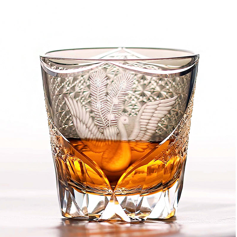 Edo Kiriko Handcrafted Peacock Pattern Whisky Glass Gray Phoenix
