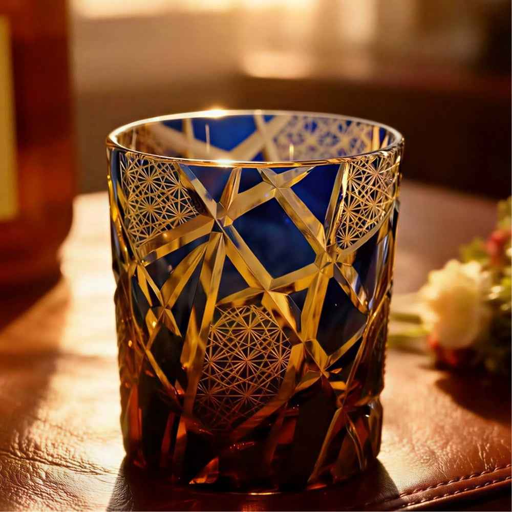 Edo Kiriko Handcrafted Amber Black Lightning Whisky Glass
