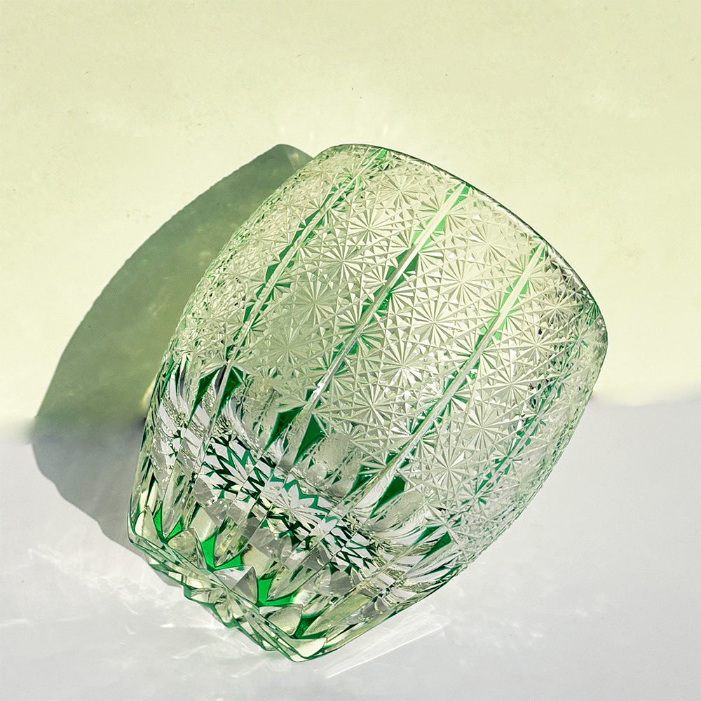 Edo Kiriko Handcrafted Green Starburst Whiskey Glass with Gift Box