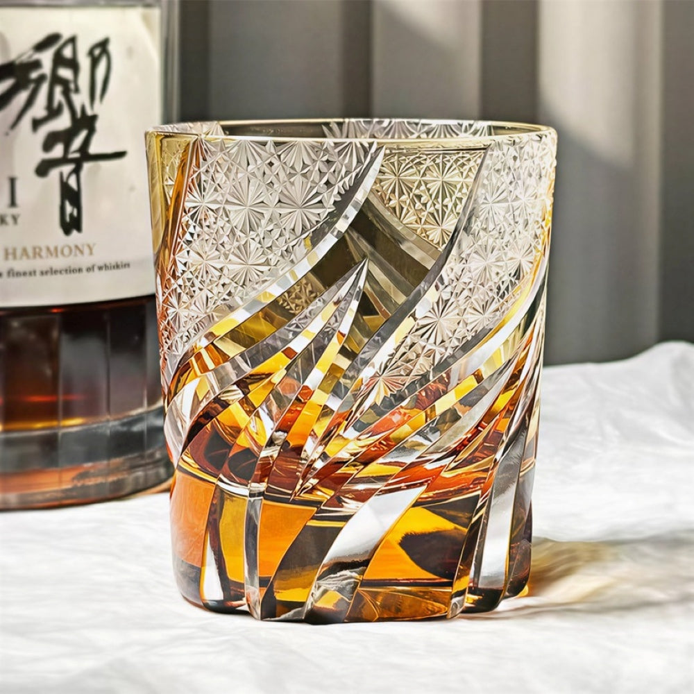Edo Kiriko Handcrafted Emberlight Amber Whisky Glass