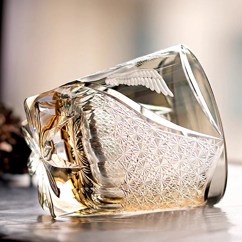 Edo Kiriko Handcrafted Peacock Pattern Whisky Glass Gray Phoenix