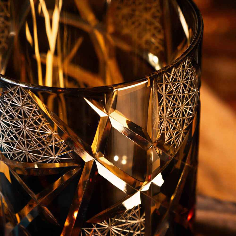 Edo Kiriko Handcrafted Amber Black Lightning Whisky Glass
