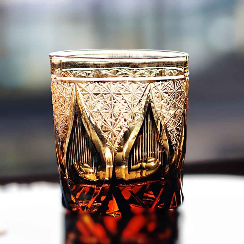 Edo Kiriko Handcrafted Amber Candlelight Whisky Glass