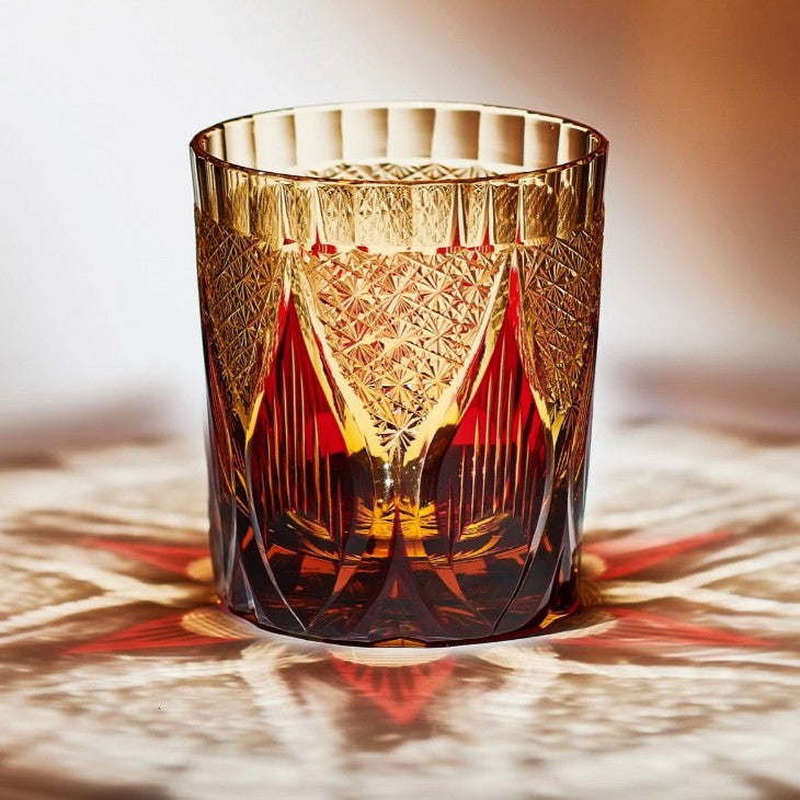 Edo Kiriko Handcrafted Amber Candlelight Whisky Glass