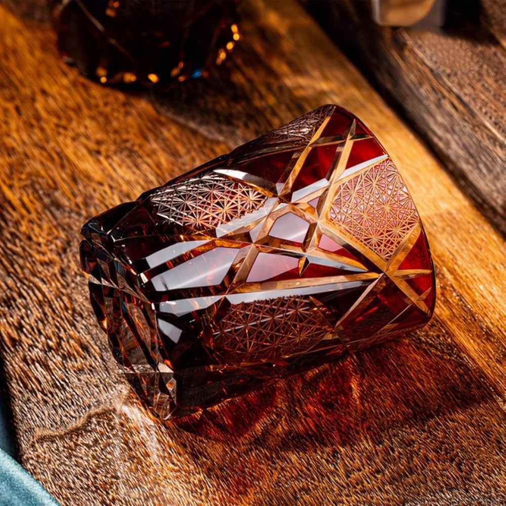 Edo Kiriko Handcrafted Amber Black Lightning Whisky Glass