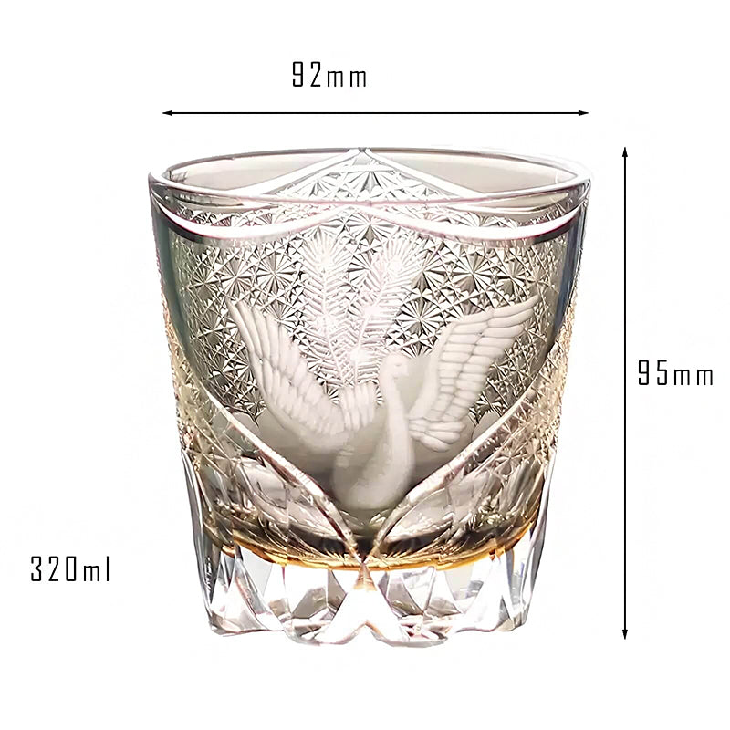 Edo Kiriko Handcrafted Peacock Pattern Whisky Glass Gray Phoenix