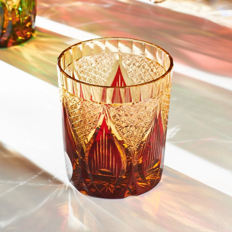 Edo Kiriko Handcrafted Amber Candlelight Whisky Glass
