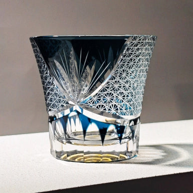 Edo Kiriko Handcrafted Blue Akagiku Crystal Whiskey Glass