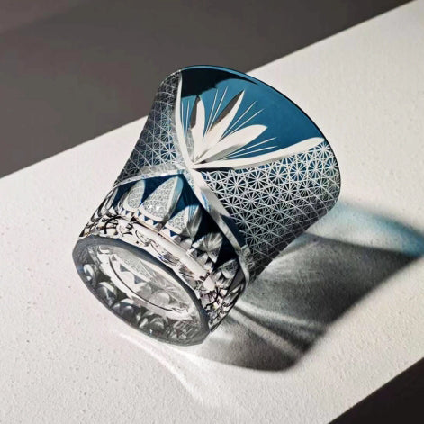 Edo Kiriko Handcrafted Blue Akagiku Crystal Whiskey Glass