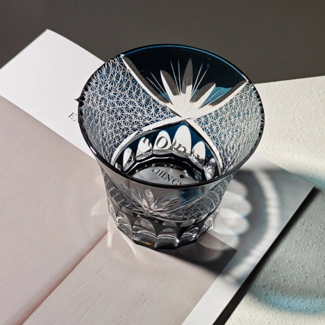 Edo Kiriko Handcrafted Blue Akagiku Crystal Whiskey Glass
