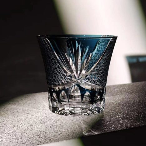 Edo Kiriko Handcrafted Blue Akagiku Crystal Whiskey Glass