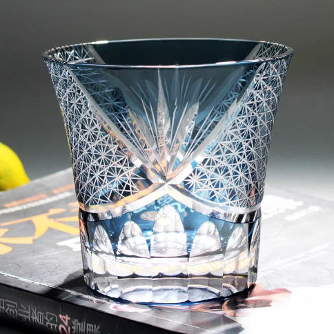 Edo Kiriko Handcrafted Blue Akagiku Crystal Whiskey Glass