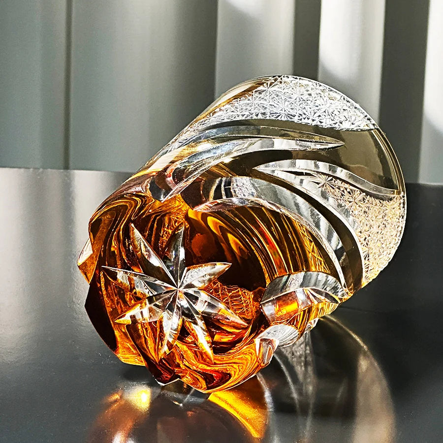 Edo Kiriko Handcrafted Emberlight Amber Whisky Glass