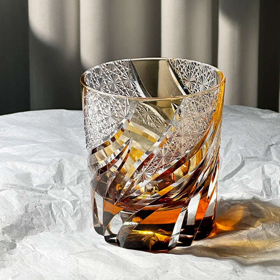 Edo Kiriko Handcrafted Emberlight Amber Whisky Glass