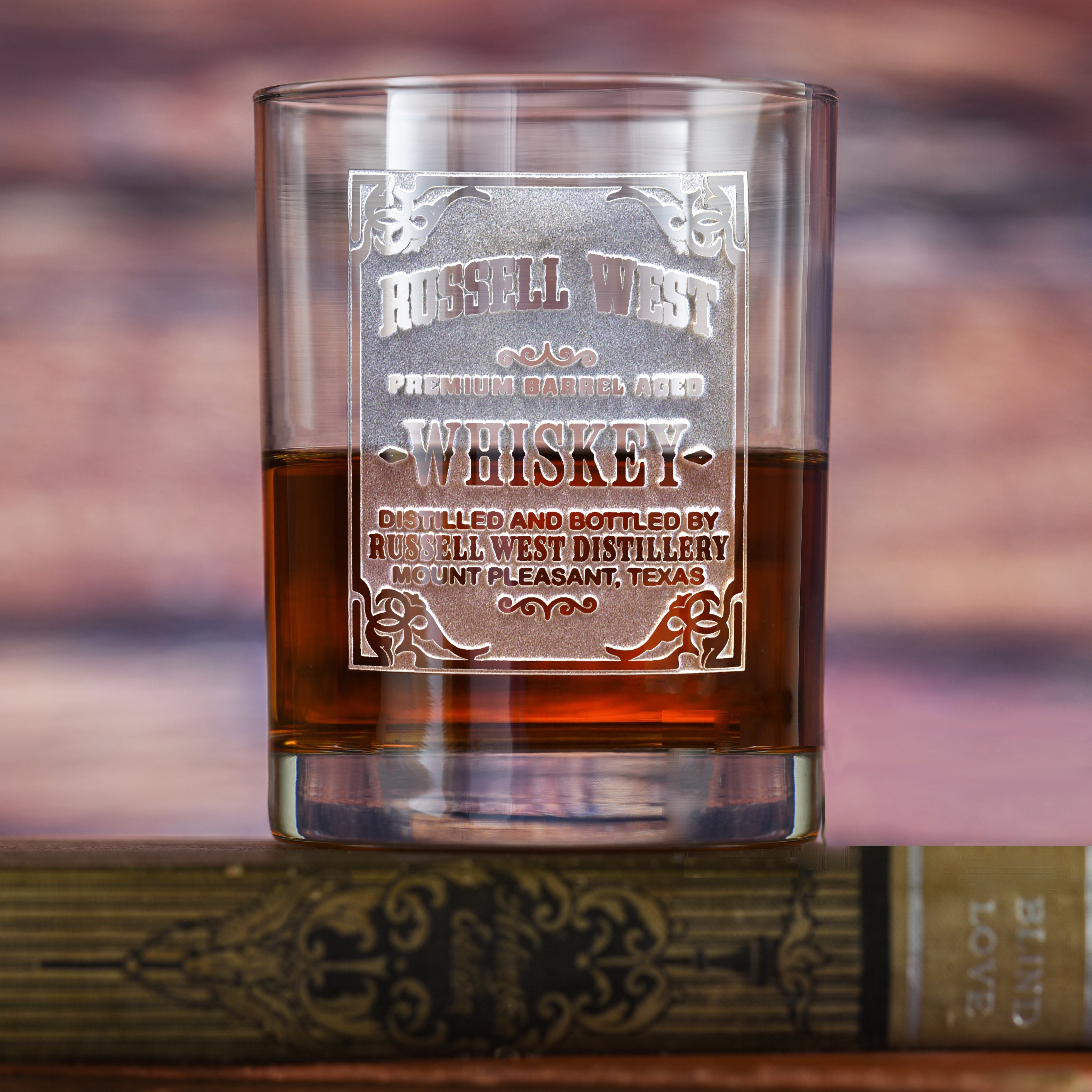 Whiskey Label Distillery, Engraved Bar Glass
