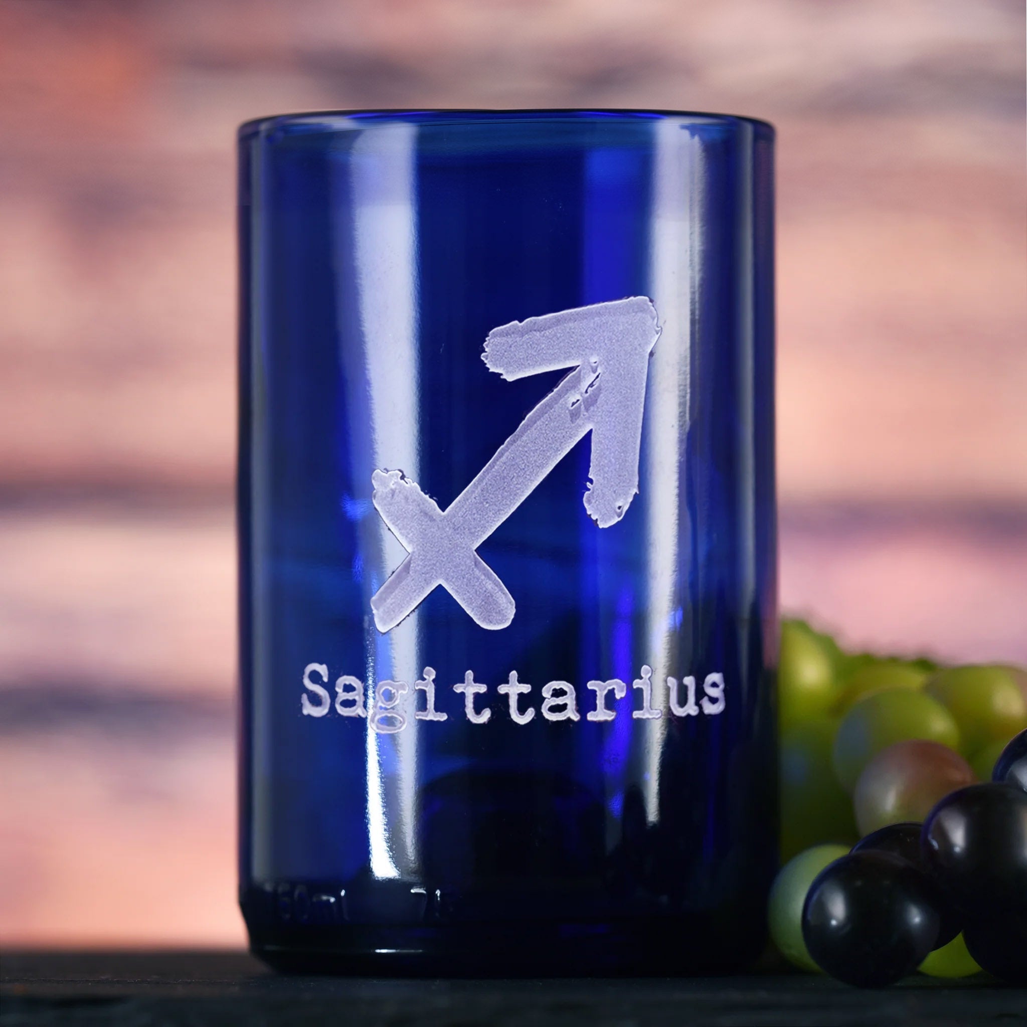 Zodiac Sign, Engraved Blue Recycled Wine Bottle Glass