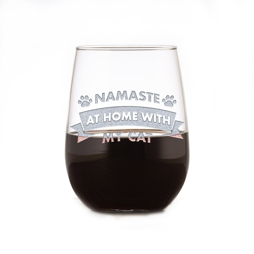 "Namaste At Home With My Cat" Social Distancing Stemless Wine Glass