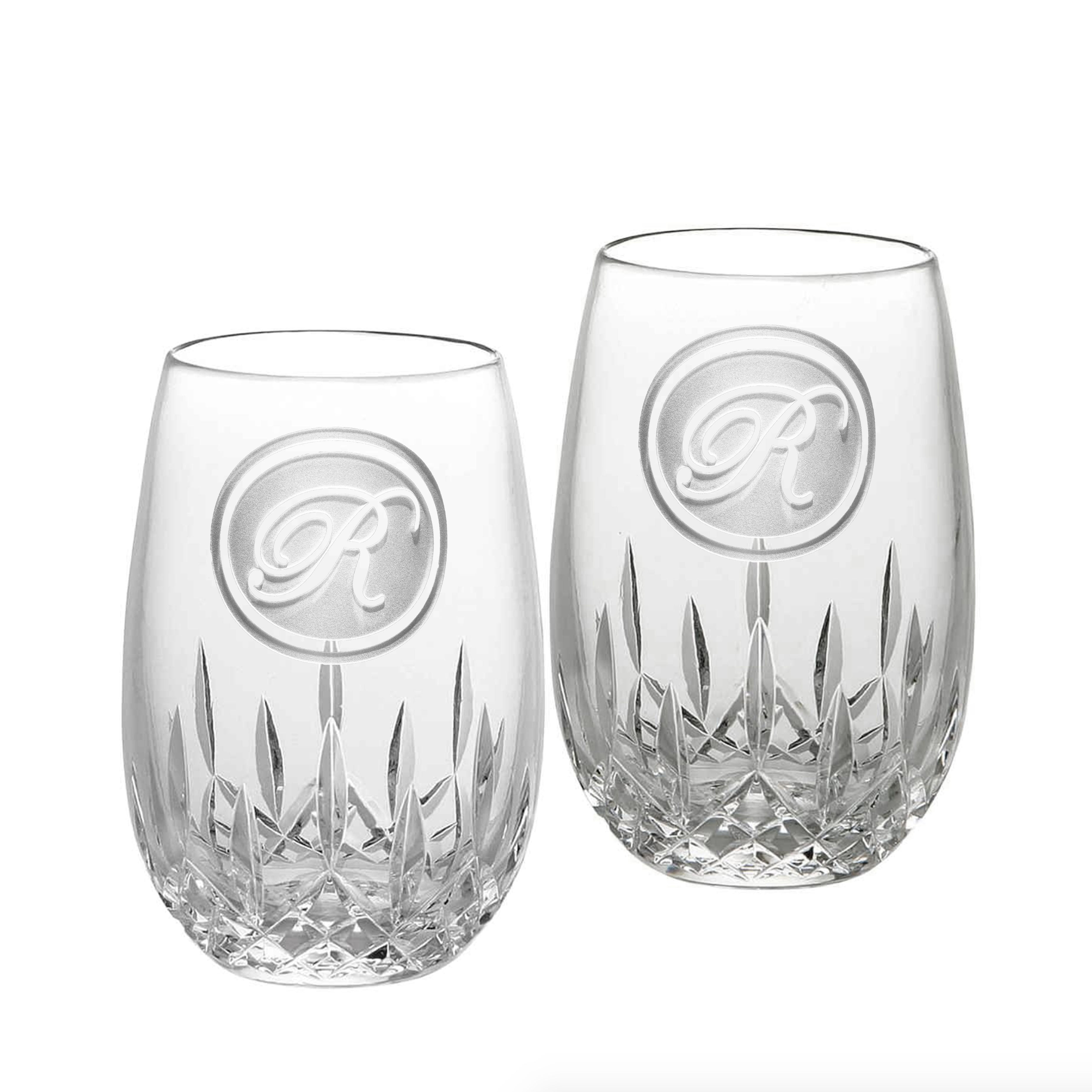 Engraved, Waterford Crystal Stemless Wine Glass, Pair