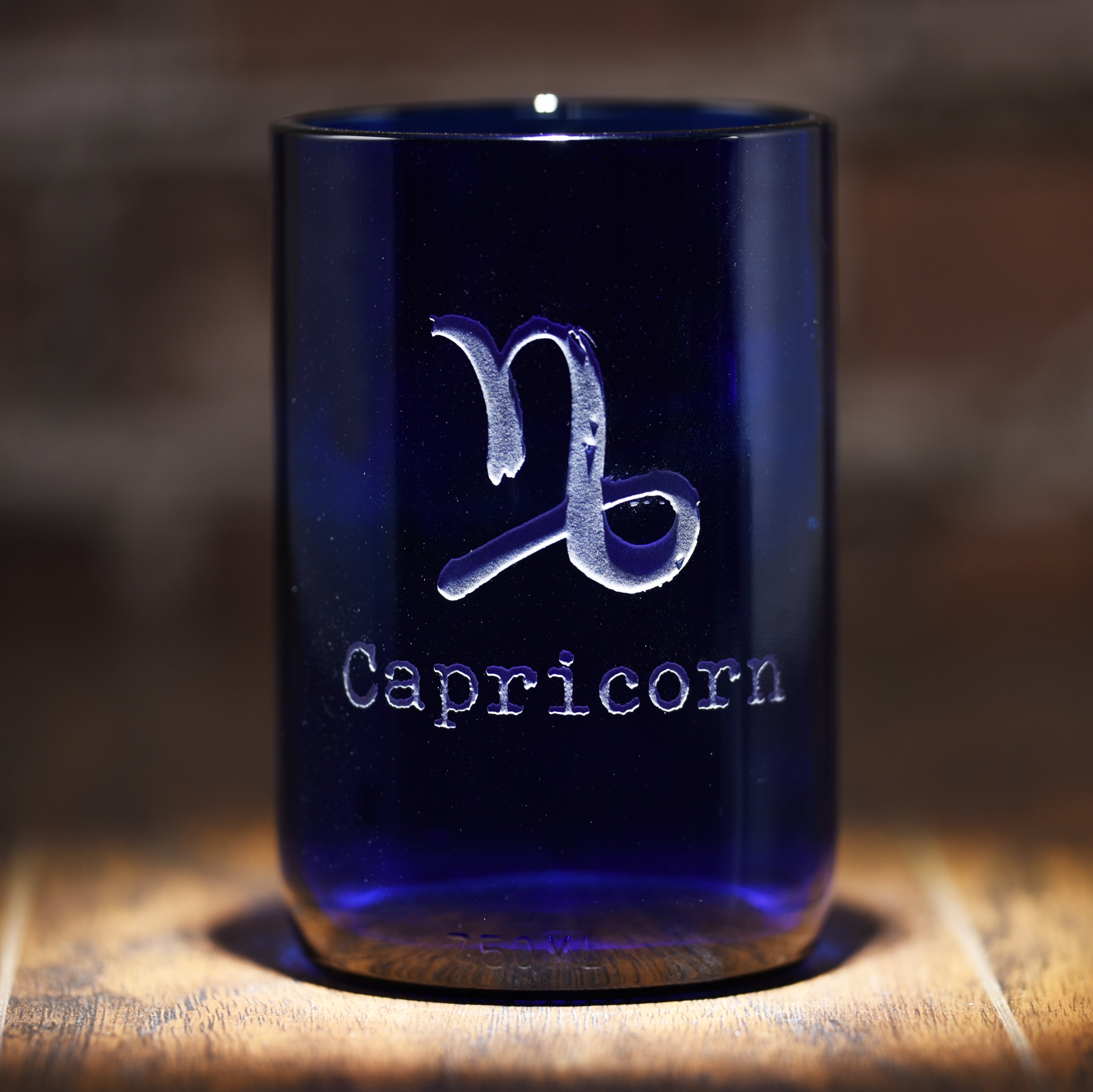 Zodiac Sign, Engraved Blue Recycled Wine Bottle Glass