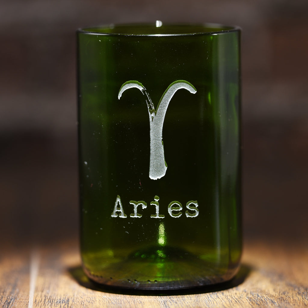 Zodiac Sign, Engraved Green, Recycled Wine Bottle Glass