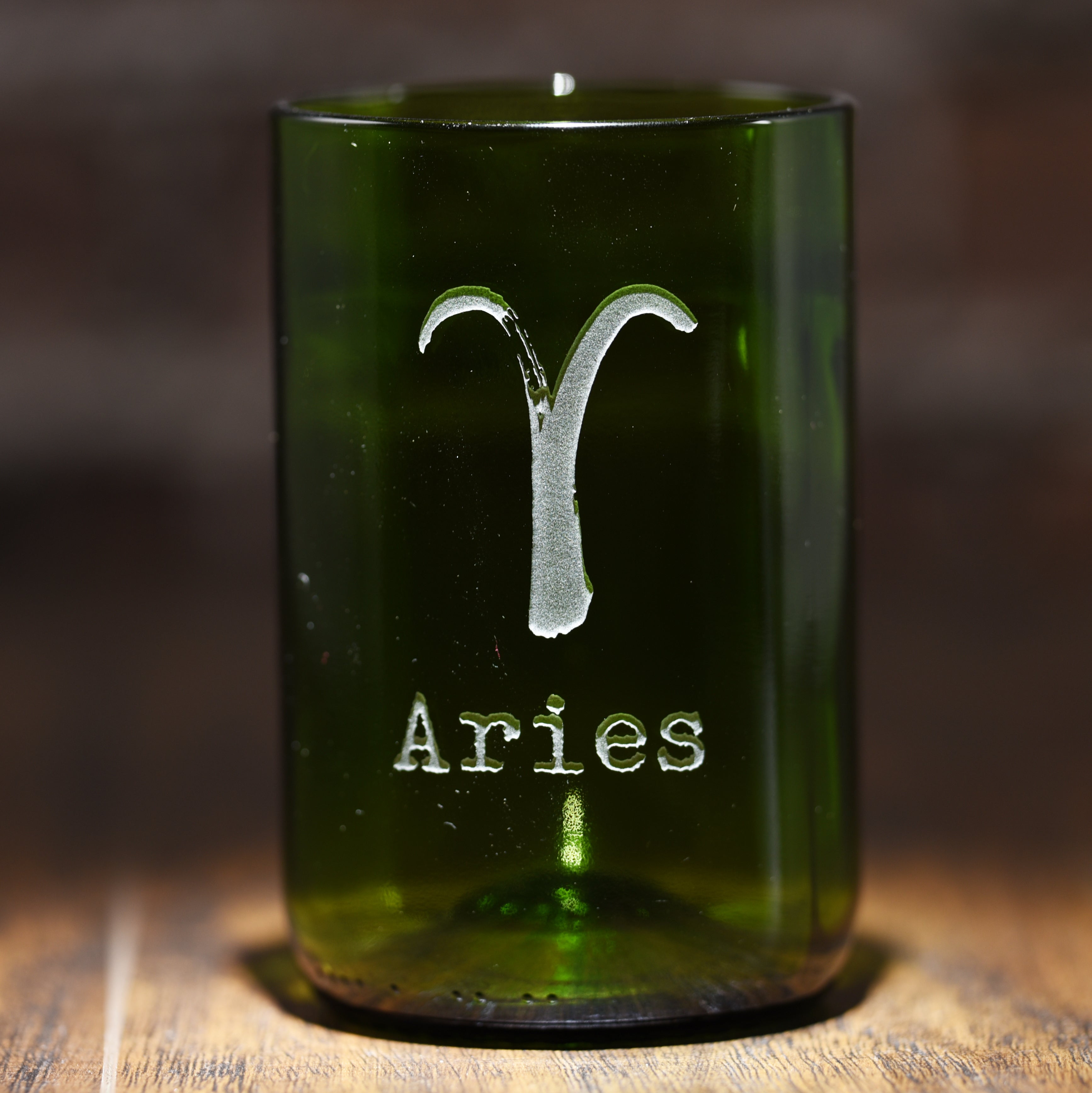 Zodiac Sign, Engraved Green, Recycled Wine Bottle Glass